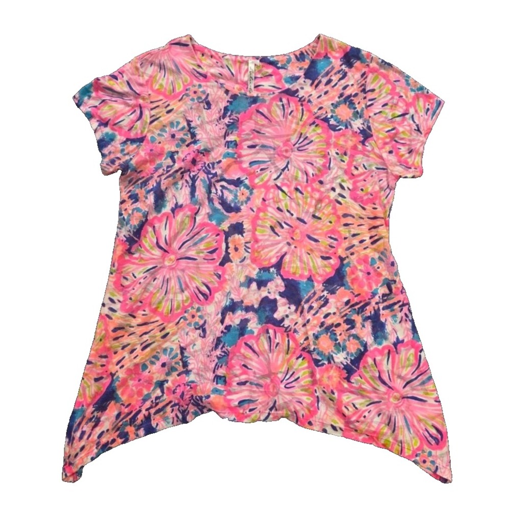 Lulu Beach Floral Multicolor Knit Tunic Y2K Blouse V-Neck top Size M A008562